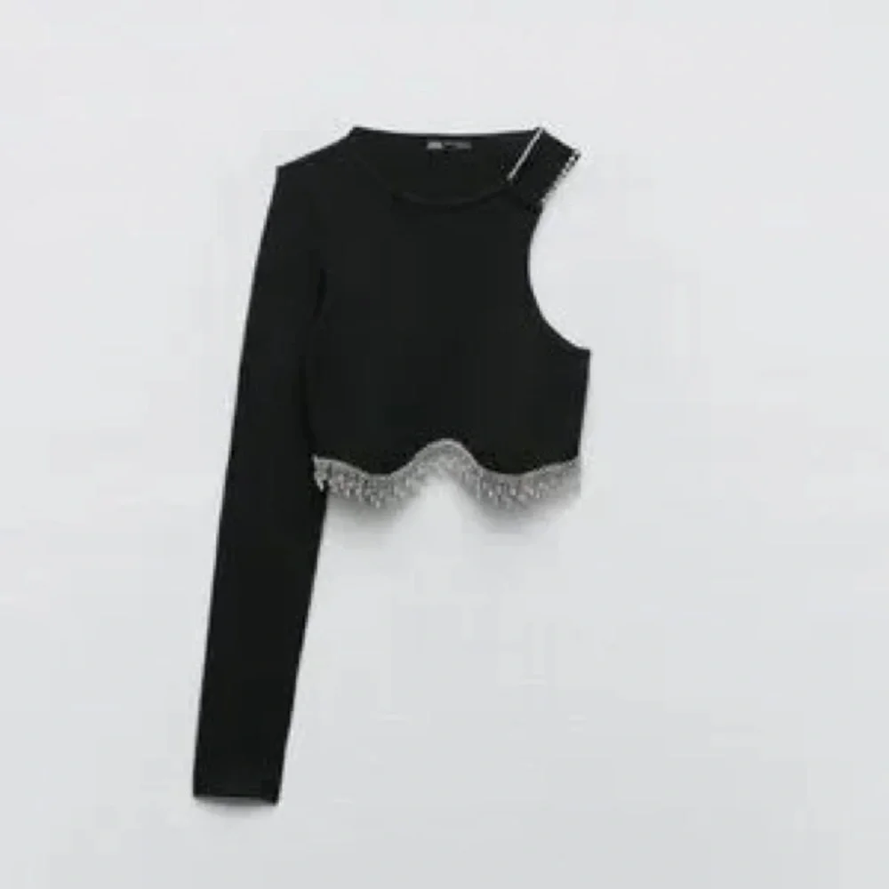 Zara Black Seamless One Sleeve Rhinestone Fringe Strap Cropped Top